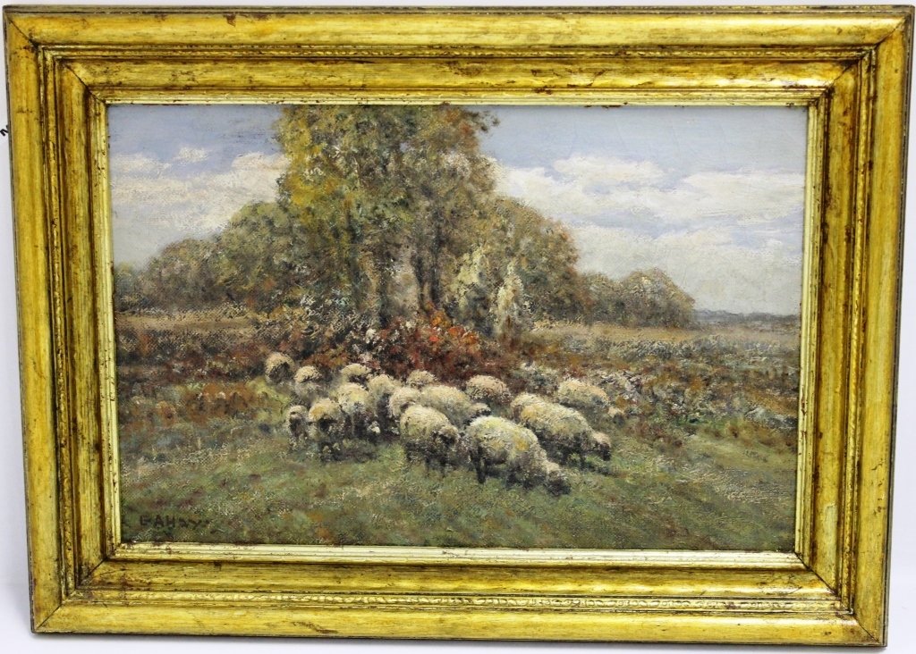 FRAMED OIL ON CANVAS BY PROVIDENCE ARTIST GEORGE: A. HAYS TITLED "SUNY AFTERNOON OLD LANE AT WOODVILLE "; GOOD CONDITION IN MODERN CARVED FRAME; 11 1/2" X 17 1/2"