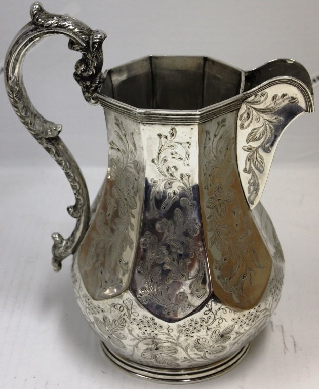 19TH C COIN SILVER WATER PITCHER BOSWICK NY: CA 1845; 24.1 OZT; 10 1/2" HIGH, 9" WIDE; OVERALL ENGRAVED FLORAL DESIGN