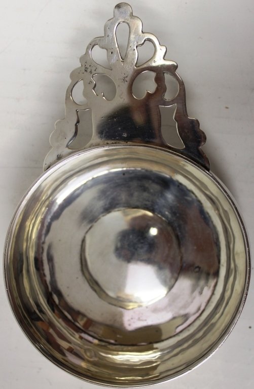18TH C AMERICAN COIN SILVER PORRINGER SIGNED: W. THOMPSON; 1 3/4" HIGH, 7" LONG, 4 1/2" DIAMETER