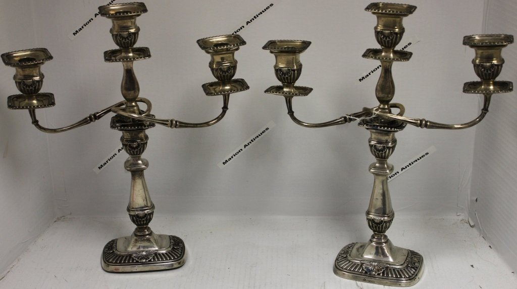 PAIR OF CLASSICAL ENGLISH STERLING SILVER: CANDLESTICKS, LONDON 1909, WEIGHTED IN CENTER; 16" HIGH, 14" WIDE; ONE STICK IS SLIGHTLY BENT AT THE BASE