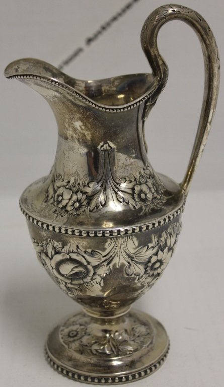 19TH C TIFFANY & CO. COIN SILVER PITCHER;: 7 1/2" HIGH, SIGNED ON BOTTOM TIFFANY & CO. WITH AN "M", CA 1855, WEIGHS 7.7 OZT