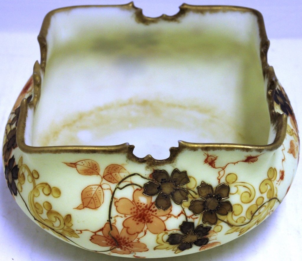 SIGNED PAIRPOINT CROWN MILANO DECORATED SATIN: GLASS BOWL WITH SHAPED SQUARE TOP, BULBOUS WAIST; APPROXIMATELY 4 1/4" HIGH; 9" X 9"; SHOWS INTERIOR WATER STAIN