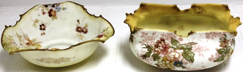 2 MOUNT WASHINGTON ART GLASS BOWLS; ONE SIGNED: CROWN MILANO; TRI-CORNERED 3 1/4" HIGH X 9" X 9 1/4"; THE OTHER RECTANGULAR OPENING WITH OVAL BULBOUS WAIST; 4 1/4" HIGH X 9 1/2" X 8" WIDE; MANUFACTURING BLEMISH