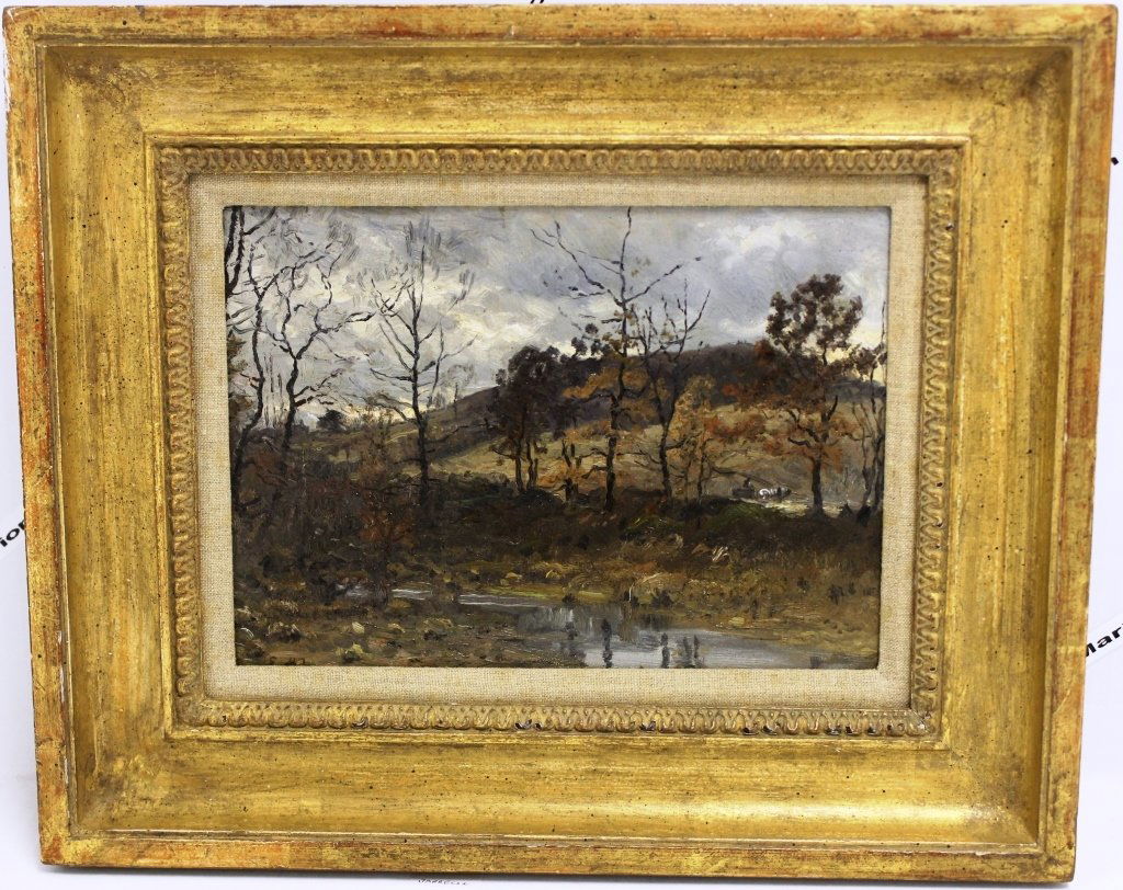 FRAMED OIL ON ARTIST BOARD BY JOHN JOSEPH ENNEKING: (1841 - 1916); LANDSCAPE WITH STREAM; SIGNED ON VERSO IN PENCIL AND INITIALED ON FRONT LOWER LEFT AND DATED '87; MODERN FRAME; 8" X 11"