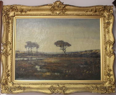 FRAMED OIL ON CANVAS BY SOUTH DARTMOUTH ARTIST: LOUIS H. RICHARDSON (1853 - 1923); LANDSCAPE WITH BEACH AND OCEAN IN DISTANCE; POSSIBLY BARNEY'S JOY; TWO STYLIZED TREES AND MARSH; SOME CRAQUELURE; ORIGINAL GOLD GILDED FRAME; 22 1/4" X 30 1/2";