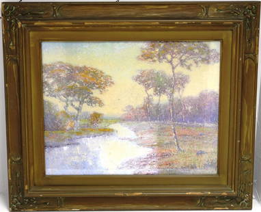 FRAMED OIL PAINTING ON PANEL BY SOUTH DARTMOUTH: ARTIST LOUIS H. RICHARDSON; RIVER LANDSCAPE WITH STONE WALL AND STYLIZED TREES; 14" X 18"; ORIGINAL FRAME; SOME FLAKING PAINT; UNDER GLASS; FROM THE ARTIST'S ESTATE IN SALTERS POINT; SIGNED LOWER RIGH