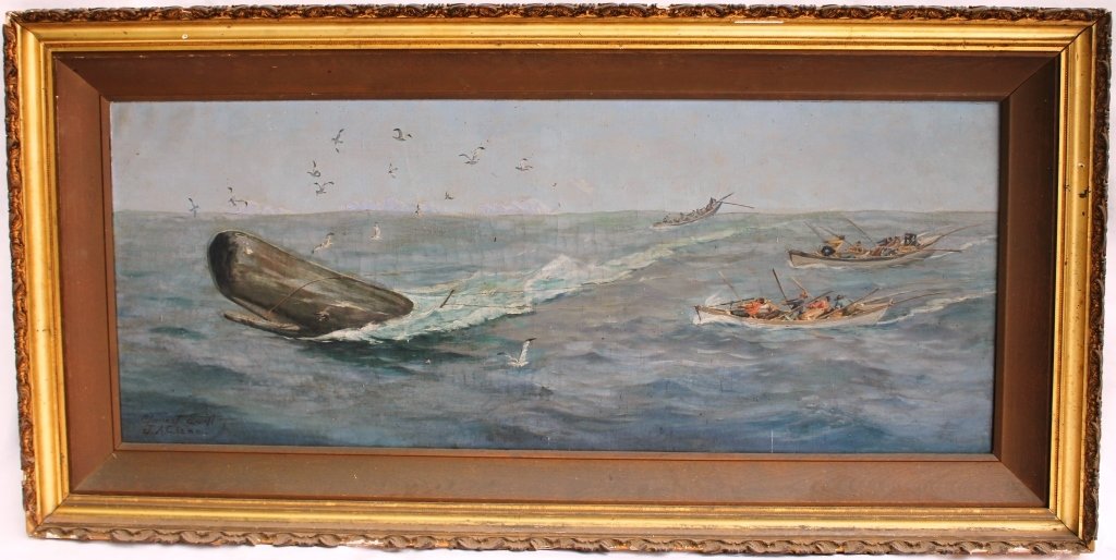 LATE 19TH C OIL ON CANVAS BY SOUTH DARTMOUTH: ARTIST JOHN A. CHASE AND NEW BEDFORD ARTIST CLEMENT SWIFT, DEPICTING A NANTUCKET SLEIGH RIDE, 19 3/4" X 48 3/4"; IN ORIGINAL CARVED AND GILDED FRAME. CHASE PAINTED THE WHALE AND THE BOATS AND SWIFT PA