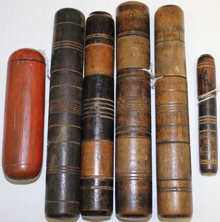 LOT OF 6 19TH C SAILOR MADE NEEDLE CASES; SOME: WITH INTRICATE CARVING; ONE CONTAINS SEVERAL NEEDLES; 4 1/4" X 7 3/4" LONG; DAVID ARMS COLLECTION
