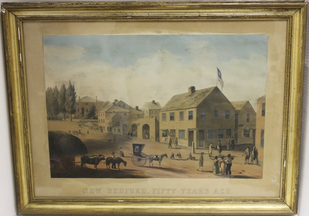 COLORED LITHOGRAPH AFTER WILLIAM ALLEN WALL: TITLED "NEW BEDFORD 50 YEARS AGO" CHARLES TABER CO. 1858 ENDICOTT & CO. LITHOGRAPHERS; FRAMED. THIS IS AN EARLY PRINT WITH HAND WRITTEN DESCRIPTION ON BACK; SIGHT SIZE 19 1/2" X 27"; IN PERIOD GOLD FR