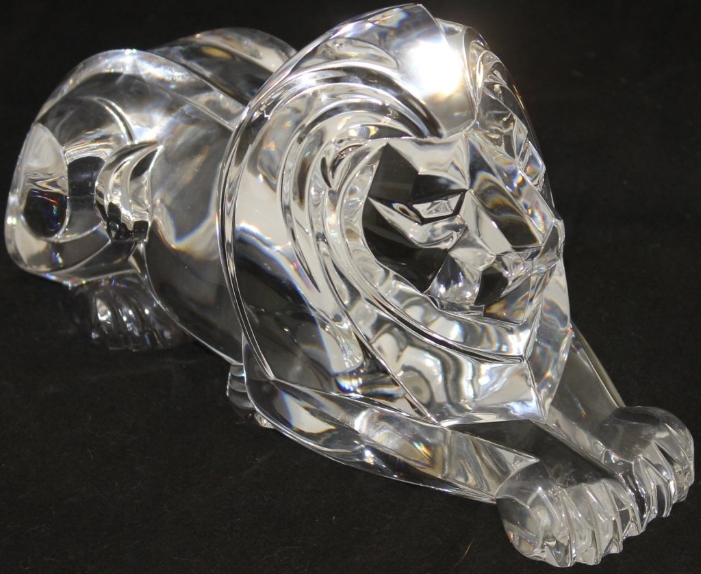 STEUBEN GLASS LION; SIGNED ON BOTTOM STEUBEN: LDA; 4 1/2" X 8"
