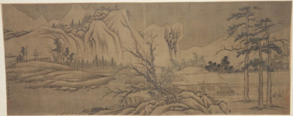 UNFRAMED CHINESE PAINTING ON SILK, PROBABLY 19TH C: OR EARLIER SIGNED WANG WEI ON VERSO; 16" X 27 1/2" OVERALL; MOUNTED ON PAPER AND FOLDED; SOME FOXING; FROM THE SENATOR T. F. GREEN COLLECTION