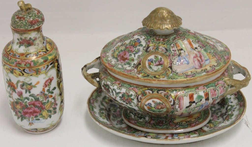 2 PIECES OF 19TH C ROSE MEDALLION INCLUDING A: SMALL COVERED VEGETABLE DISH WITH UNDER TRAY, OVERALL HEIGHT 7", OVERALL WIDTH 8" ALONG WITH A 6" VASE WITH LATER COVER; ONE HANDLE ON DISH SHOWS EARLY STAPLE REPAIR