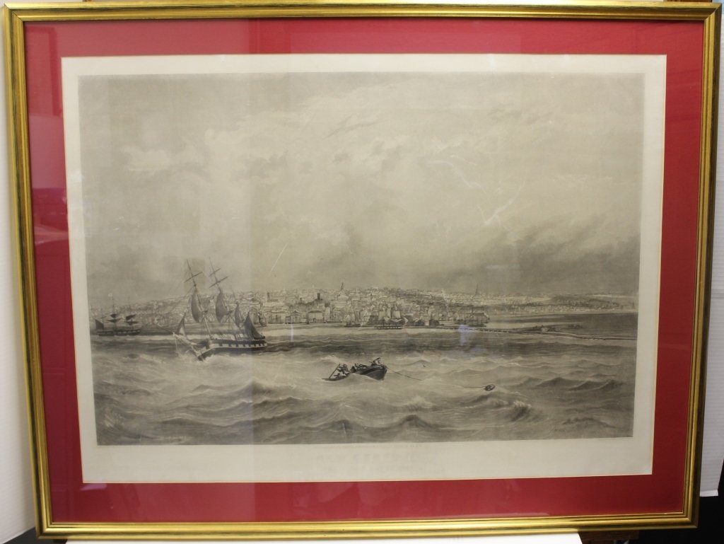 FRAMED AND GLAZED BLACK AND WHITE ENGRAVING: OF NEW BEDFORD HARBOR FROM FAIRHAVEN AFTER J. W. HILL; ENGRAVED BY W. WELLSTOOD, 1853; PUBLISHED BY SMITH BROS.; 28 3/4" HIGH X 39 3/4" WIDE; SHOWS MINOR RESTORATION; REMITTED IN A MODERN FRAME