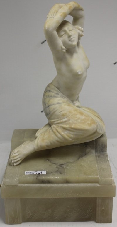 19TH C TWO PART ALABASTER BUST OF A WOMAN;: 18 1/2" HIGH, 9 1/2" WIDE, 7 1/2" DEEP; SMALL CHIP ON BREAST