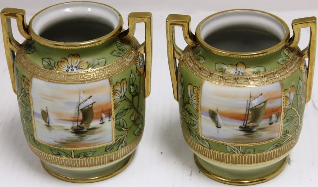PAIR OF NIPPON DOUBLE HANDLED VASES; SCENIC: PANELS WITH SAILBOATS; GILT TRIM; 6" HIGH, 5" DIAMETER