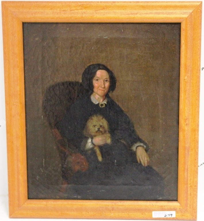FRAMED OIL PAINTING ON CANVAS OF AN ELEGANTLY: DRESSED WOMAN WITH HER DOG; 19TH C, UNSIGNED; 13 1/2" X 11 1/2"; MODERN WOODEN FRAME