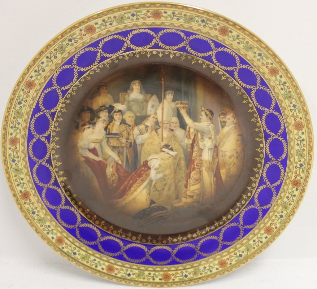 ROYAL VIENNA CABINET PLATE, COBALT AND GILT BORDER: SURROUNDING THE CENTRAL RESERVE DEPICTING EMPEROR NAPOLEON'S CORONATION; 10" DIAMETER; EXCELLENT CONDITION