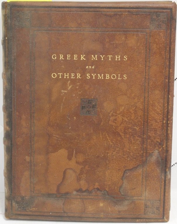 LEATHER BOUND BOOK CA 1920 18" X 14" TITLED: "GREEK MYTHS AND OTHER SYMBOLS" FROM A GROUP OF PAINTINGS BY JOHN HEMMING FRY WITH INTERPRETATION BY LILLIAN WHITING WITH DEDICATION TO COSS GILBERT ESQ BY FRY; THIS WORK CONTAINS 22 LARGE COLORED PLA