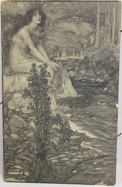 FREDERICK JUDD WAUGH; UNPUBLISHED ILLUSTRATION OF: A WOMAN BY A RIVER; MIXED MEDIA ON ARTIST BOARD; 13 1/2" X 8 1/4"; SIGNED LOWER LEFT; EARLY 20TH C; SOME CHIPPING TO EDGE AND CORNERS