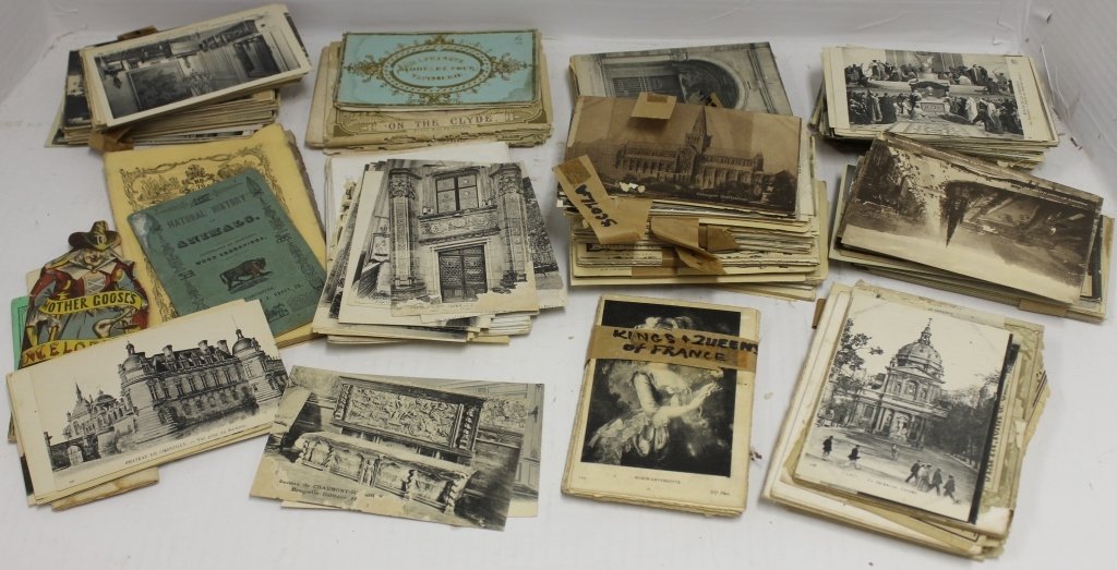 APPROXIMATELY 650 VINTAGE POST CARDS OF: FRANCE, SCOTLAND, ENGLAND ALONG WITH OTHER MISCELLANEOUS PAPER ITEMS; OLD MOTHER GOOSE'S MELODIES BY MC LAUGHLIN BROS.; SOME DAMAGE