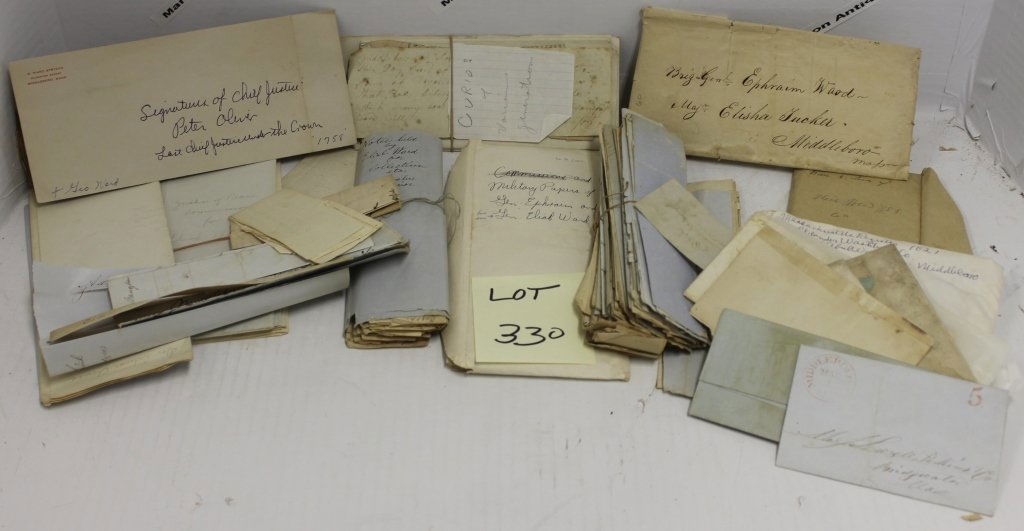 PAPER LOT CONSISTING OF 1821 MASSACHUSETTS: REGISTER; COLLECTION OF LETTERS FROM THE MID-19TH C RELATED TO MIDDLEBORO AND WAREHAM; DOCUMENT SIGNED BY PETER OLIVER; GENERAL COLLECTION OF DOCUMENTS AND LETTERS RELATED TO BRIG. GENERAL EPHRAM WARD