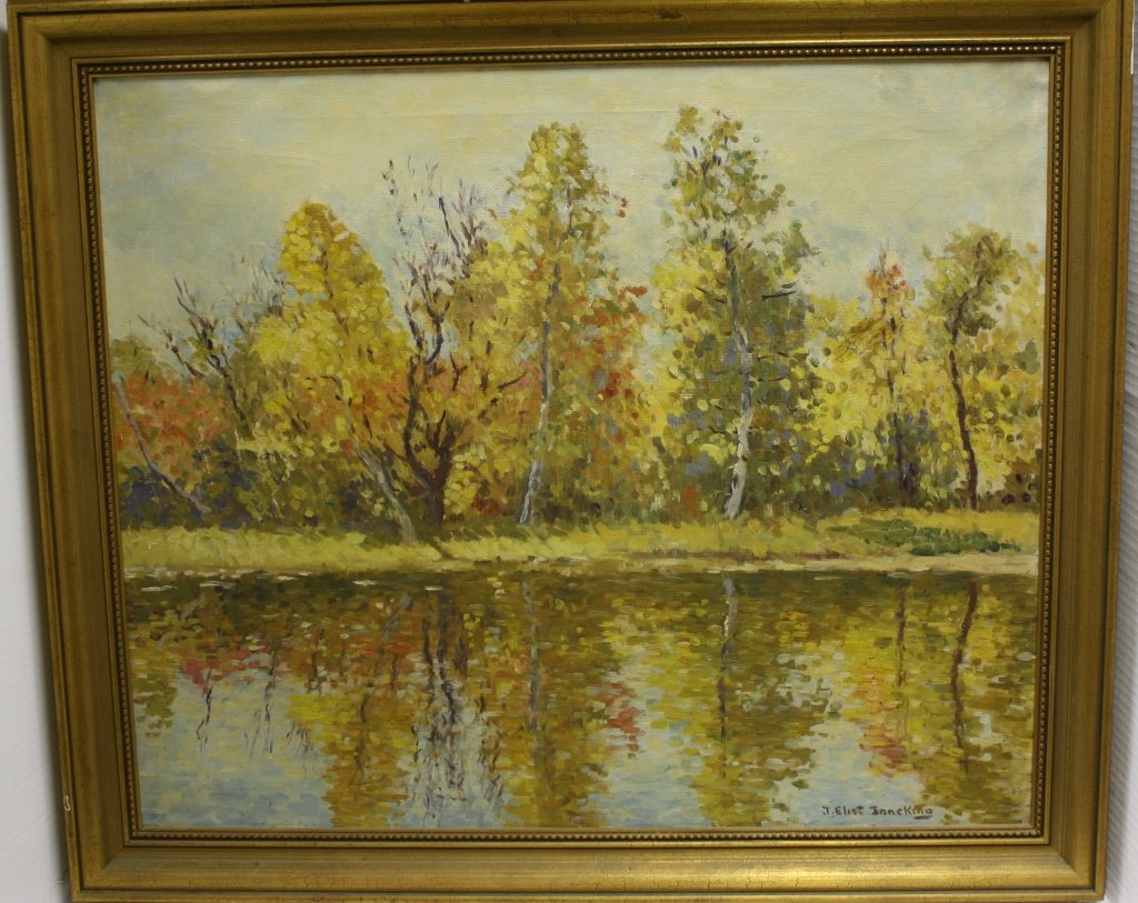 OIL PAINTING ON CANVAS BY JOSEPH ELIOT ENNEKING,: (MASS. ARTIST 1881-1942), FALL LANDSCAPE, TITLED ON VERSO "REFLECTIONS", SIGNED LOWER RIGHT J. ELIOT ENNEKING, ORIGINAL EXHIBTION LABELS ON VERSO, 1937, SIGHT SIZE 25" X 30", IN ORIGINAL GOLD FRAME, M