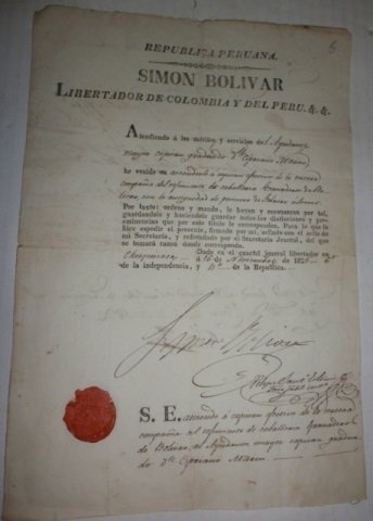 RARE SIMON BOLIVAR (1783-1830) SIGNED DOCUMENT,: DATED NOVEMBER 16, 1825, MILITARY APPOINTMENT TO THE 3RD CALVARY OF CHUQUISACA BOLIVIA. SIMON BOLIVAR WAS A POLITICAL AND MILITARY LEADER WHO PLAYED A KEY ROLE IN LATIN AMERICA'S SUCCESSFUL STRUGGLE F