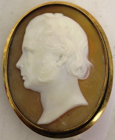 19TH C SHELL CARVED CAMEO, POSSIBLY PORTRAIT: OF ELLIOT DAVIS, 1 3/4" X 1 1/2".