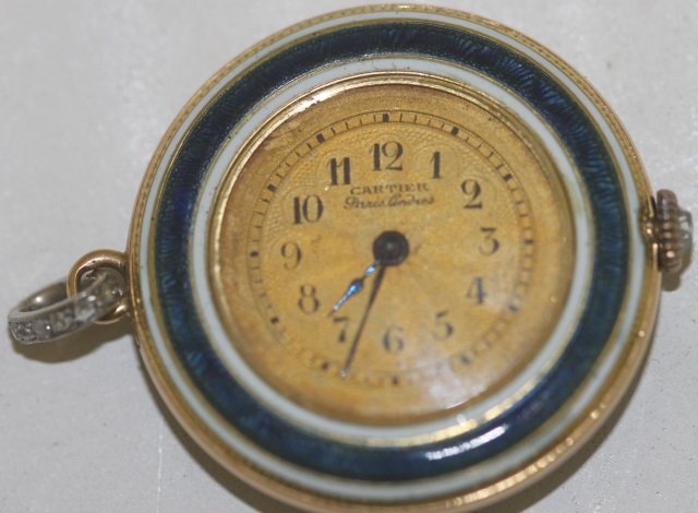 EARLY 20TH C LADY'S PENDANT WATCH, GOLD AND: GUILLOCHE ENAMEL SET WITH DIAMONDS, SIGNED CARTIER, PARIS, LONDRES, 1 1/8" DIAMETER. APPEARS TO WORK BUT NOT GUARANTEED.