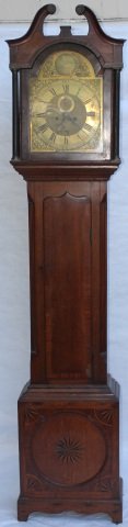 ENGLISH TALL CASE CLOCK, LATE 18TH C, BROKEN ARCH: PEDIMENT, BRASS FACE AND DIAL, CALENDAR TIME AND STRIKE MOVEMENT, SIGNED ROB FLOWER, RETFORD, MAHOGANY AND OAK CASE WITH STARBURST INLAY, VENEER LOSS, ORIGINAL WEIGHTS AND PENDULUM, 87 1/2" HIGH, 18 1