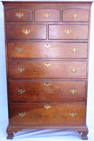 18TH C AMERICAN CHIPPENDALE WALNUT TALL CHEST,: 3 ARCHED DRAWERS OVER 2 DRAWERS, OVER 3 GRADUATED DRAWERS, OGEE BRACKET FOOT, POPLAR SECONDARY WOOD, DOVETAILED CASE. HARDWARE IS AN OLD REPLACEMENT. DRAWERS SHOW LIP DAMAGE. RESTORATION TO DRAWER SLI