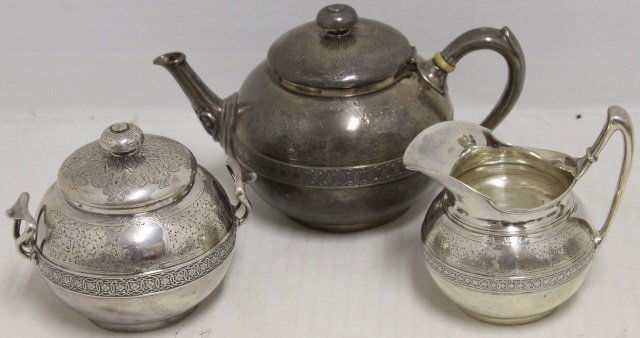 3 PC TIFFANY STERLING SILVER TEA SET, MARKED: UNION SQUARE, 19TH C ENGRAVED FLORAL DESIGN, MONOGRAMMED, GOOD CONDITION, 4" HIGH TO 4 3/4" HIGH, 25.48 TROY OZ.