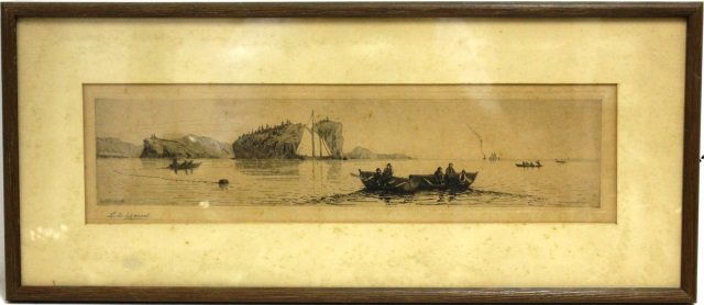 L. D. ELDRED, ETCHING, NET FISHING GRAND MANAN,: (LEMUEL D. ELDRED, FAIRHAVEN, MASS ARTIST, 1848-1921), 4 1/2" X 16", SIGNED IN PLATE AND ON MAT LOWER LEFT, SOME TANNING AND MINOR FOXING, FRAMED.