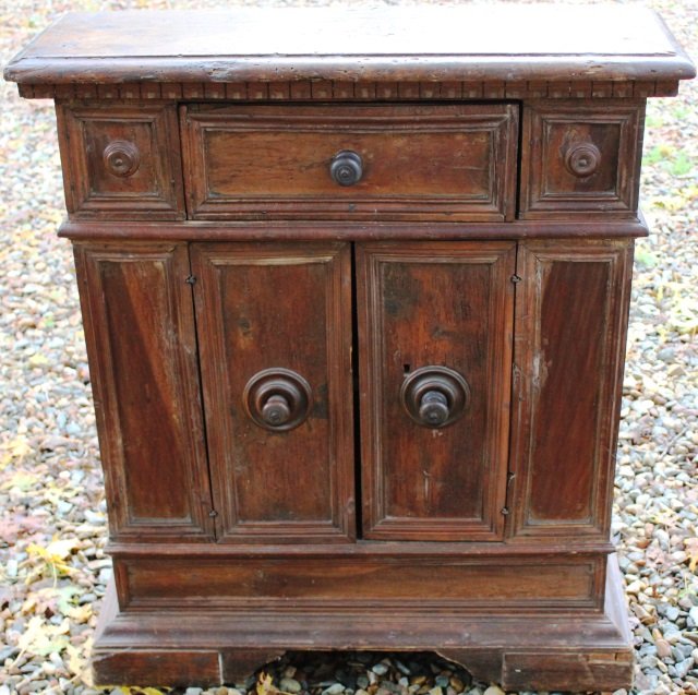 18TH C ITALIAN WALNUT CABINET WITH RESTORED BACK,: DRAWER AND FEET, MINOR DAMAGE, 36 1/2" HIGH, 32 1/2" WIDE, 11" DEEP.