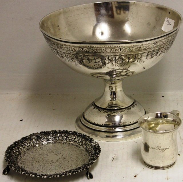 3 PC STERLING SILVER LOT TO INCLUDE COMPOTE: 7 1/2" HIGH, 9 1/2" DIAMETER, BY WHITING WITH ENGRAVED DESIGN, TIFFANY HANDLED CUP 2 3/4" HIGH, KIRK FOOTED TRAY, 6" DIAMETER. TOTAL WEIGHT 30.95 TROY OZ.