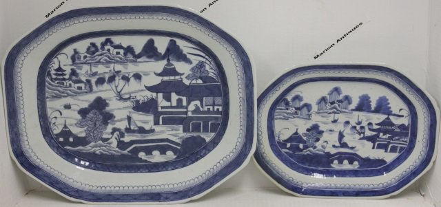 2 19TH C CANTON PLATTERS. ONE IS 17" X 14 1/2".: OTHER IS 12 3/4" X 10". GOOD ORIGINAL CONDITION.