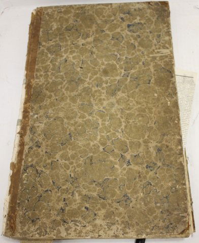 WHALING LOG OF THE SHIP COURIER, 1829-31, OUT OF: NEW BEDFORD. THIS BOOK HAS BEEN MADE INTO A SCRAPBOOK. CONSERVATION AND REMOVAL OF NEWS CLIPPINGS GLUED ON IS NECESSARY. ALSO BUG DAMAGE. DRAWINGS AND WATERCOLOR OF SHIP, APPROXIMATELY 46 PAGES.