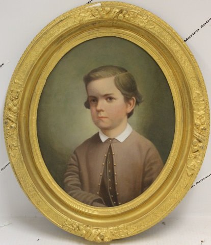 19TH C OIL PAINTING ON CANVAS, PORTRAIT OF A YOUNG: BOY, IN PERIOD GOLD FRAME, 5 OLD REPAIRS TO THE BACK, 15" X 12 1/2".