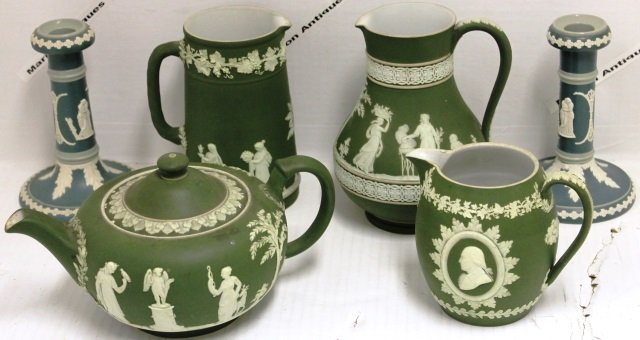 6 PCS GREEN & WHITE JASPERWARE, WEDGWOOD 7": PITCHER, WEDGWOOD 6 1/2" PITCHER, WEDGWOOD 5" PITCHER WITH WASHINGTON, WEDGWOOD 5" TEA POT, PAIR OF DUDSON CANDLESTICKS 6 1/2".