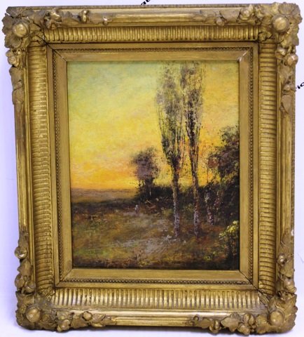 LOUIS RICHARDSON OIL PAINTING ON CANVAS, TITLED: EDGE OF THE WOODS, (NEW BEDFORD ARTIST, BORN 1853, DIED 1923), 10" X 8", UNSIGNED, SLIGHT INPAINTING IN RIGHT CORNER.