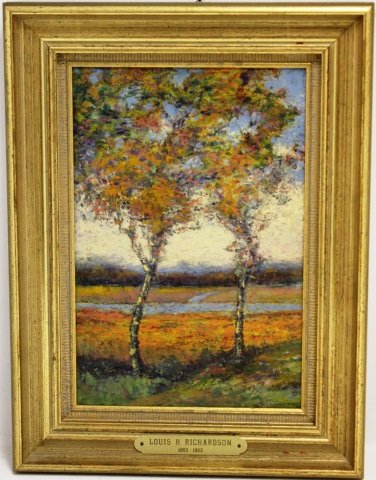 LOUIS RICHARDSON OIL PAINTING ON BOARD, AUTUMN: LANDSCAPE, (NEW BEDFORD ARTIST, 1853-1923),10 3/4" X 7", FRAMED.