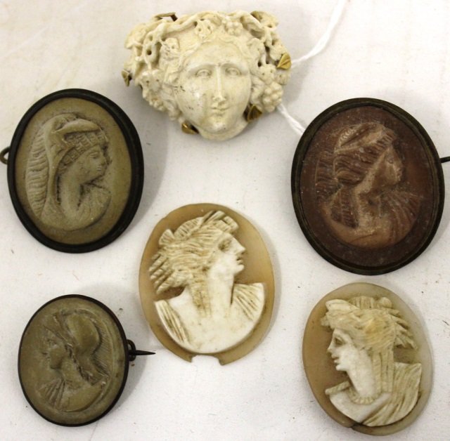 LOT OF 6 19TH C CAMEOS, 4 LAVA AND SHELL CARVED.: ONE SHOWS DAMAGE AND OTHERS NEED CLEANING.