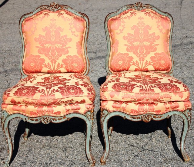 PAIR OF 19TH C FRENCH LOUIS XV STYLE SIDE CHAIRS,: CARVED AND PAINTED FINISH WITH UPHOLSTERED SEATS AND BACKS. SOME PAINT LOSS. VERY STURDY. 37 1/2" HIGH, 23' WIDE, 19" DEEP, 17" SEAT HEIGHT.