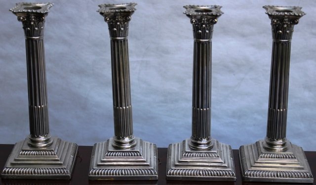 2 PAIRS SIMILAR WEIGHTED ENGLISH STERLING SILVER: CLASSICAL CANDLESTICKS, 19TH C, 8 3/4" HIGH.