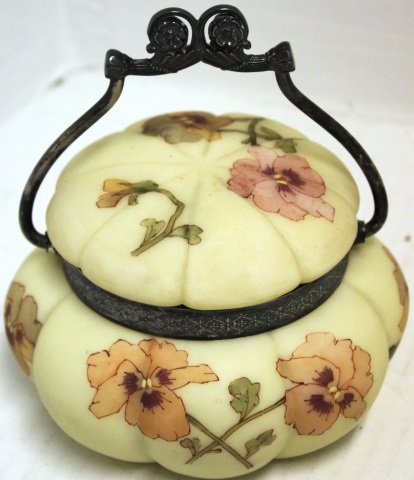 19TH C SMITH BROS. SUGAR JAR, MELON RIBBED,: SILVER PLATED MOUNTS AND HANDLE, FLORAL DESIGN, SMALL INTERIOR RIM CHIP, CHIP ON INSIDE OF RIM, 5 3/4" HIGH, 5 1/2" DIAMETER, SIGNED ON BOTTOM.