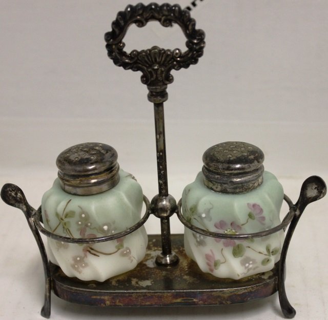 ENAMELED SATIN GLASS SALT AND PEPPER SHAKERS: WITH SILVER PLATED HOLDER, STANDARD SILVER COMPANY, TORONTO, STAMPED ON HOLDER, 6" X 6".