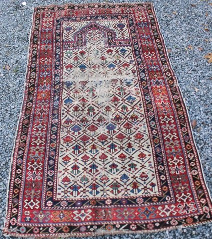 EARLY 20TH C CAUCASIAN PRAYER RUG, SHOWS: SUBSTANTIAL WEAR IN CENTER AND SLIGHT WEAR TO ONE BORDER, 38 1/2" X 64".