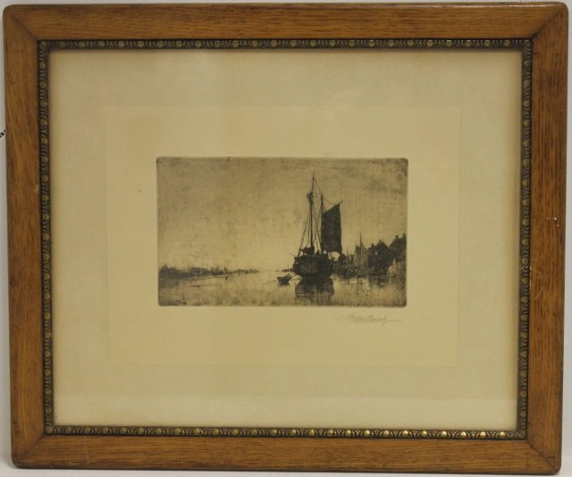 ETCHING BY STEPHEN PARRISH, SAILBOAT IN RIVER,: 10" X 14", FRAMED.