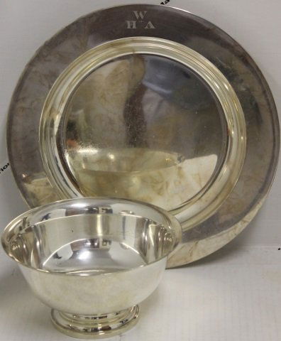 2 PC STERLING SILVER LOT TO INCLUDE A LARGE: SHALLOW SILVER BOWL, JOHN COBURN STYLE, 13" DIAMETER WITH MONOGRAM AND PAUL REVERE STYLE BOWL, 8" DIAMETER BY 4" HIGH. TOTAL WEIGHT 41.46 TROY OZ.