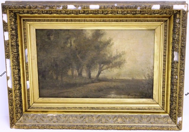 THEODORE THOMPSON OIL PAINTING ON CANVAS, TREES: BY A STREAM, 4 1/2" X 11", SIGNED LOWER RIGHT, DATED '70, PERIOD FRAME DAMAGED.